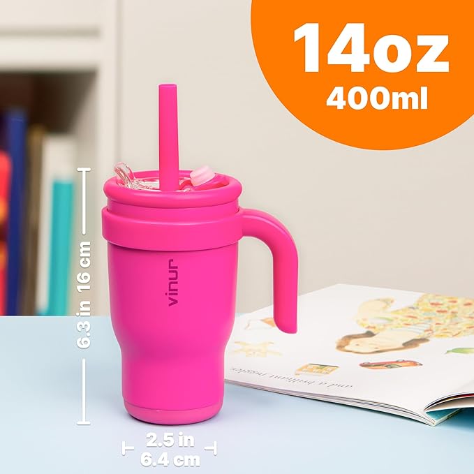 VINUR 14 oz Kids Tumbler with Handle Stainless Steel Double Wall Vacuum Insulated Tumbler Travel Water Drink Cup with Lid and Straw(Rose Pink) - Bloomnest