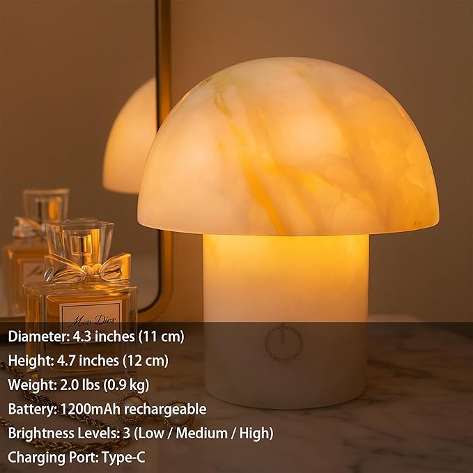 Arctic Green Gemstone Mushroom Lamp - Natural Luxury Stone Night Light with LED, Touch Control 3 Brightness, USB Rechargeable Bedside Decor Gift - Bloomnest