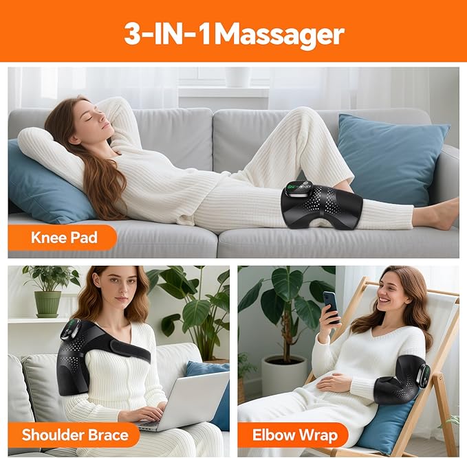 Cordless Knee Heating Pad, 3-in-1 Heated Knee Brace Wrap with Massage, Heating Pad for Knee Elbow Shoulder Pain Relief, Rechargeable Knee Massager for Arthritis Pain Relief - Bloomnest
