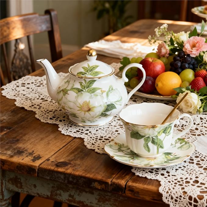 22oz Floral Ceramic Teapot – Vintage Gold Rim Porcelain Tea Pot for Loose Leaf, Blooming Tea & Coffee, Elegant Decorative Teapot for Tea Party, Flower Design (White Camellia) - Bloomnest
