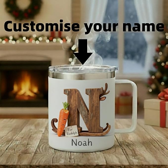Personalized Christmas Coffee Mug with Custom Name & Reindeer Initial - 14oz Insulated Stainless Steel Tumbler with Handle & Lid - Rustic Rudolph Design, Unique Holiday Gift for Family (B60) - Bloomnest
