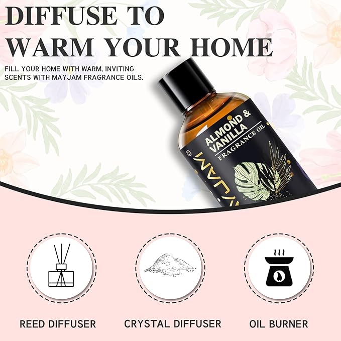 Almond & Vanilla Fragrance Oil Essential Oil, MAYJAM 3.38FL.OZ Almond & Vanilla Oil for Diffusers for Home, Long Lasting Scented Oils for Soap Candle Making - 100ML - Bloomnest