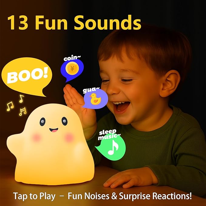 Ghost Night Light for Kids – Gift & Fun Toy for Kids, Touch Tap Lamp with Sounds, Squishy Silicone, Eye-Safe LED, 30-Min Timer, Dimmable Rechargeable Bedside Table Lamp – Gift for Boys & Girls - Bloomnest