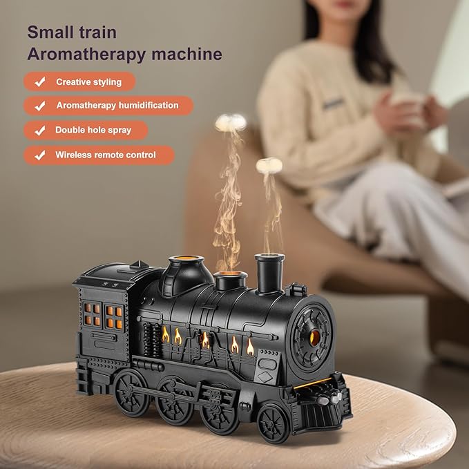 Train Diffuser 300ml, Aromatherapy Diffuser Cool Mist Ultrasonic Aroma Train Diffuser with Remote Control 2 Light 2 Mist Mode Auto Shut-Off for Bedroom Office Hotel(Black) - Bloomnest