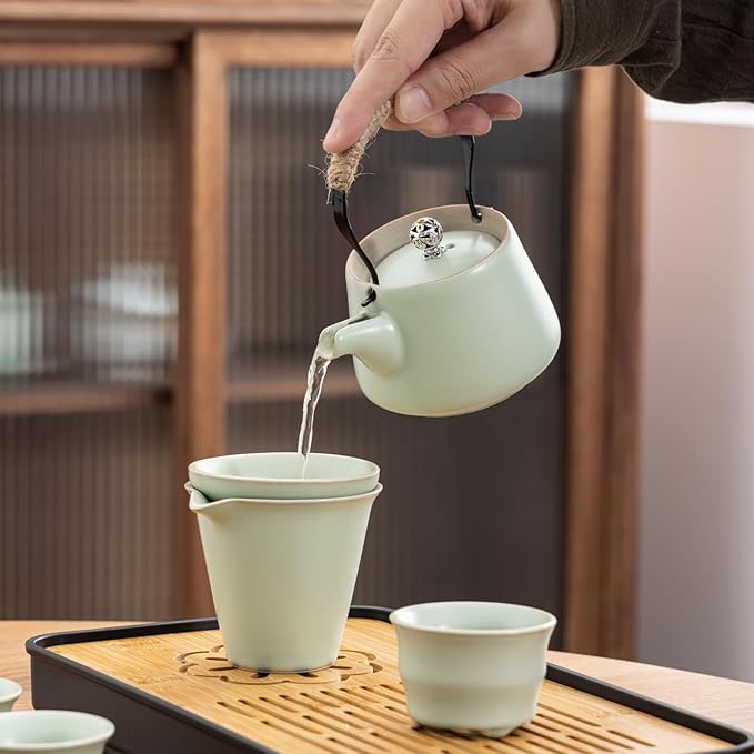 Travel tea set,Portable ceramic tea set,Chinese tea set,Tea sets for adults,Tea pot sets,Portable Travel Bag,Home,Gifting,Outdoor and Office,茶具 (Light green) - Bloomnest