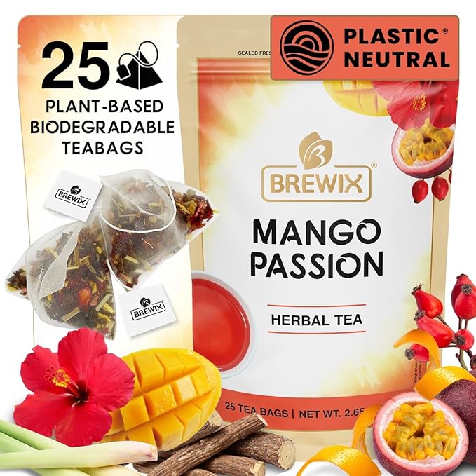 BREWIX, Mango Passion Fruit Herbal Tea Bags – 25 Plant-Based Pyramid Bags | Iced or Hot | Hibiscus, Citrus Peel, Lemongrass | Caffeine-Free & Naturally Uplifting Wellness Brew - Bloomnest