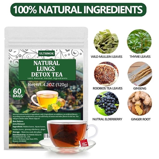 Premium 60 Natural Herbal Blend Tea Bags, Made with 6 Natural Herbs, Mullein Leaves, Elderberry, Thyme, Rooibos, Ginseng Root, Ginger Root, for Respiratory Support & Lung Health & Cleanse Mucus & Wellness & Detox. - Bloomnest