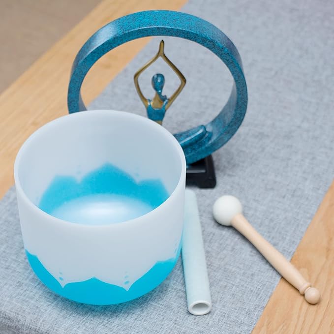 Leize Crystal Singing Bowl 432hz G Note Throat Chakra Blue Lotus Design 8" Wide with Suede Striker - Bloomnest