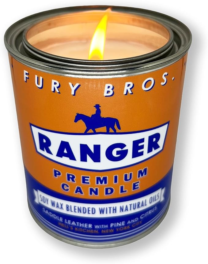 Fury Bros. Scented Candles for Men | Ranger | Saddle Leather Pine Citrus | Natural Soy Wax | Hand-Poured in The USA | Long 70-80 Hour Burn (12.5 oz) | Vintage-Inspired Tin Design | Dad Home Gift - Bloomnest