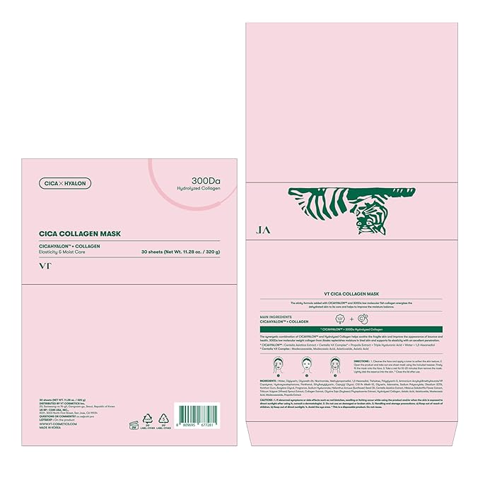 VT COSMETICS CICA Collagen Daily Mask 30 Sheets, 300Da Low Molecular Collagen for Skin Elasticity, Hydrating & Firming, Pink Collagen Essence, Korean Face Mask - Bloomnest