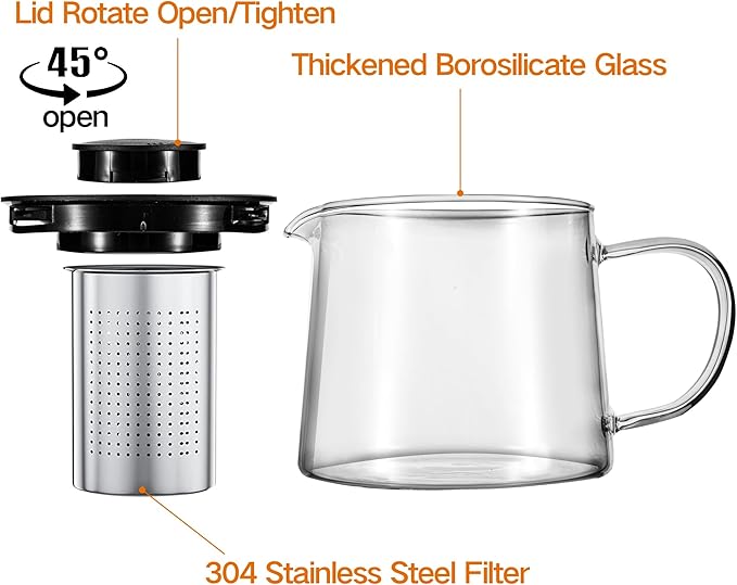 Glass Teapot 34oz/1000ml with Removable Stainless Steel Infuser Tea pot, Heatproof Borosilicate Glass Tea Make, Stovetop Safe Glass Tea Kettle for Loose and Blooming Leaf Tea - Bloomnest