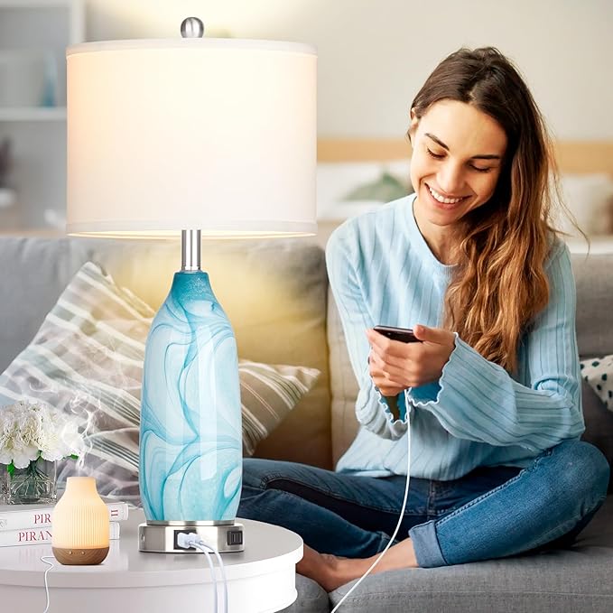 26" Coastal Table Lamps Set of 2, Modern Table Lamps with USB A+C Ports & AC Outlet, Touch Control Glass Bedside Nightstand Lamp with Night Light for Living Room Bedroom End Table Blue(Bulbs Included) - Bloomnest