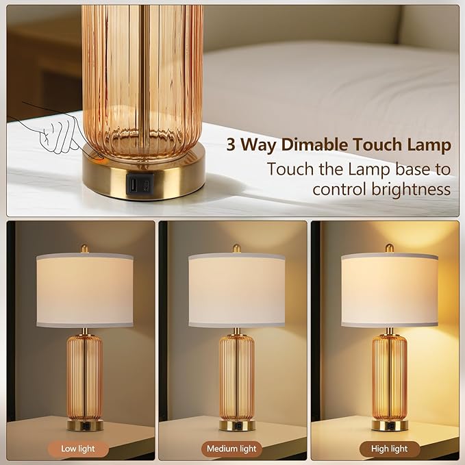 Table Lamps Set of 2 with Touch Control, 3-Way Dimmable Nightstand Lamp with Vertical Grained Glass, Bedside Table Lamps, 27" Modern Glass Bedside Lamps with USB A+C Ports, Brown Desk Lamp for Bedroom - Bloomnest