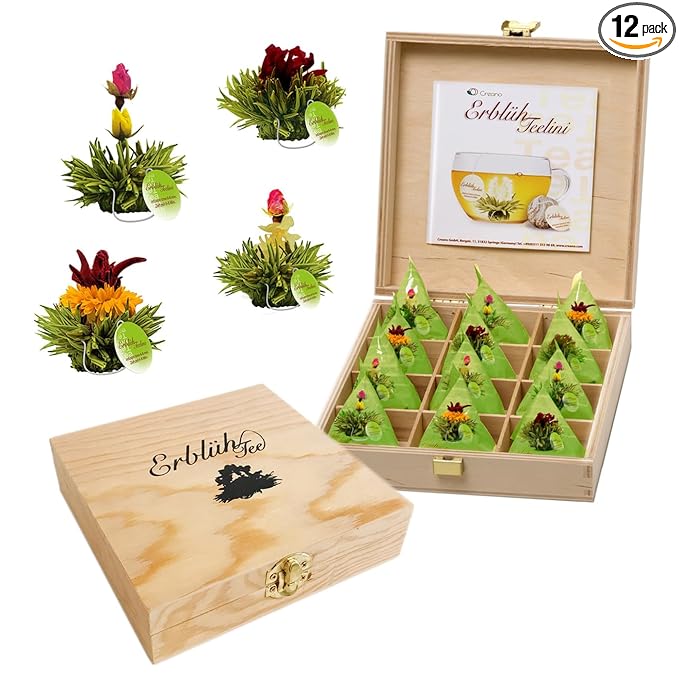Creano Tea Flowers in Cup Size - Gift Set in Wooden Box - 12 Blooming Green Tea in 4 Varieties - Gift for Women, Mother, Tea Lovers - Bloomnest