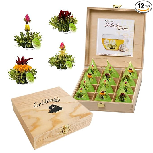 Creano Tea Flowers in Cup Size - Gift Set in Wooden Box - 12 Blooming Green Tea in 4 Varieties - Gift for Women, Mother, Tea Lovers - Bloomnest