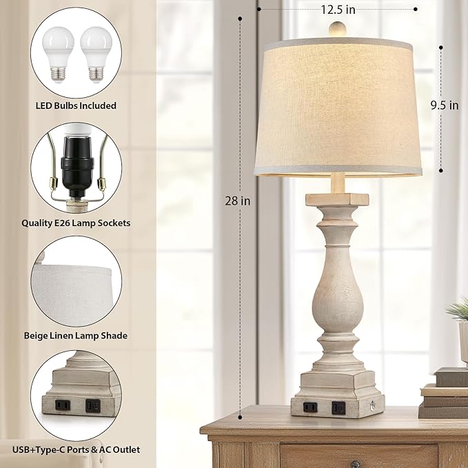28" Tall Farmhouse Table Lamps with USB C+A Ports and AC Outlet, 3 Way Touch Control Rustic Bedside Lamps for Bedroom, Beige Vintage Nightstand Lamps for Living Room Office - Bloomnest