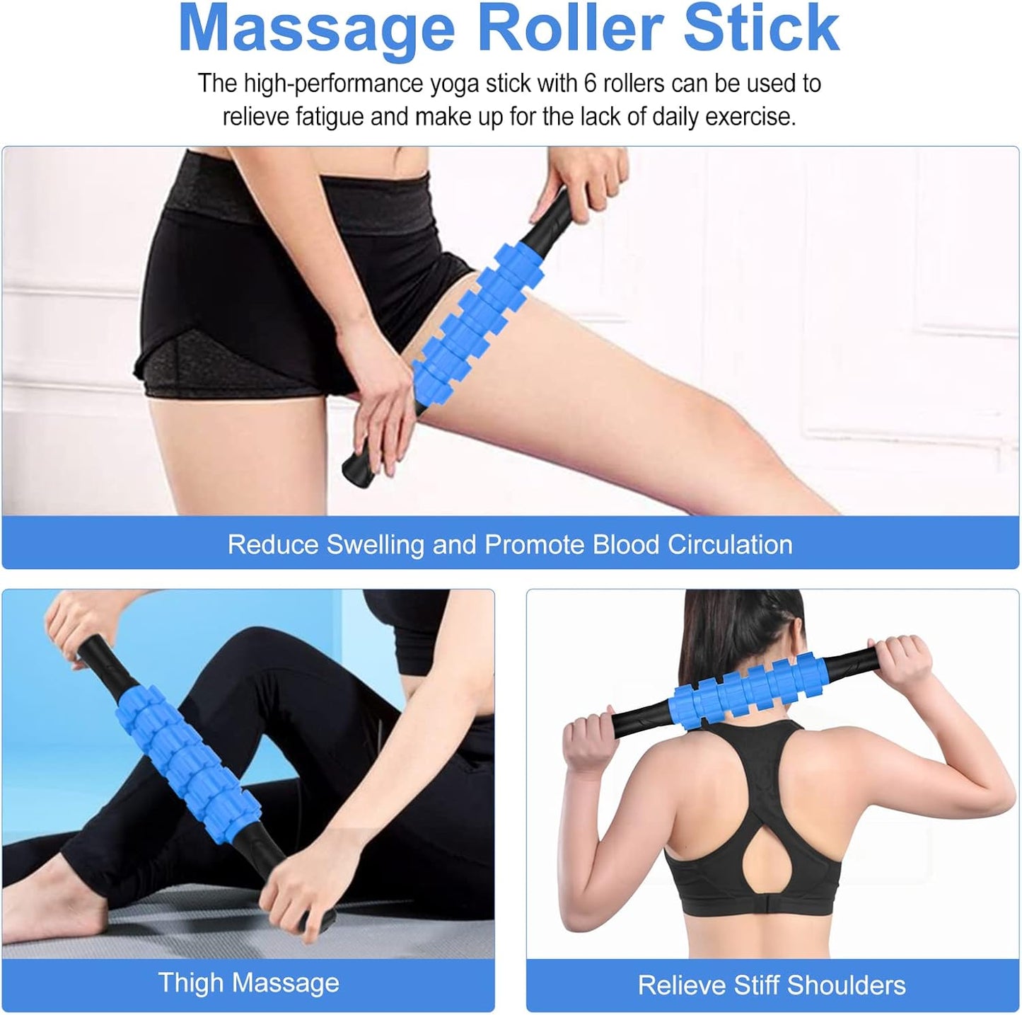 5 in 1 Foam Roller Set Includes Hollow Core Massage Roller, Yoga Stick, Massage Ball, Fitness Stretching Strap, Massage Roller, Carrying Bag, Towel (Blue)