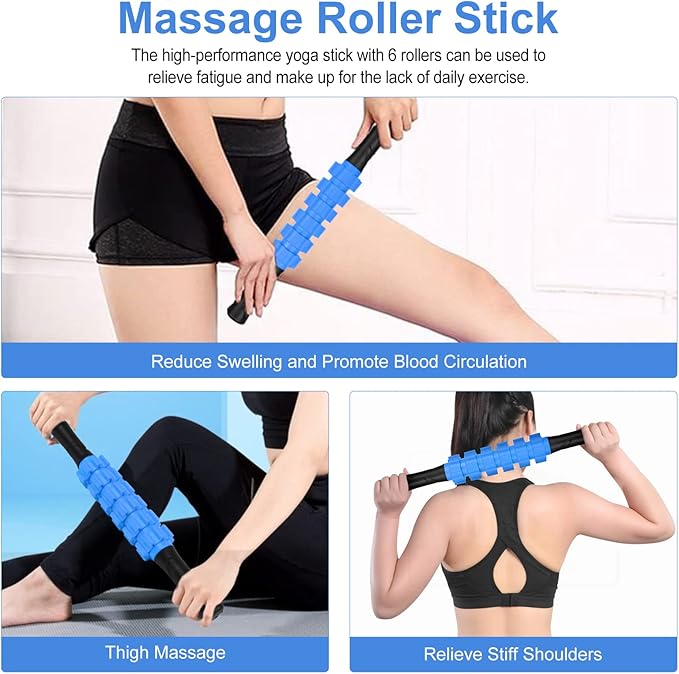 5 in 1 Foam Roller Set Includes Hollow Core Massage Roller, Yoga Stick, Massage Ball, Fitness Stretching Strap, Massage Roller, Carrying Bag, Towel (Blue) - Bloomnest