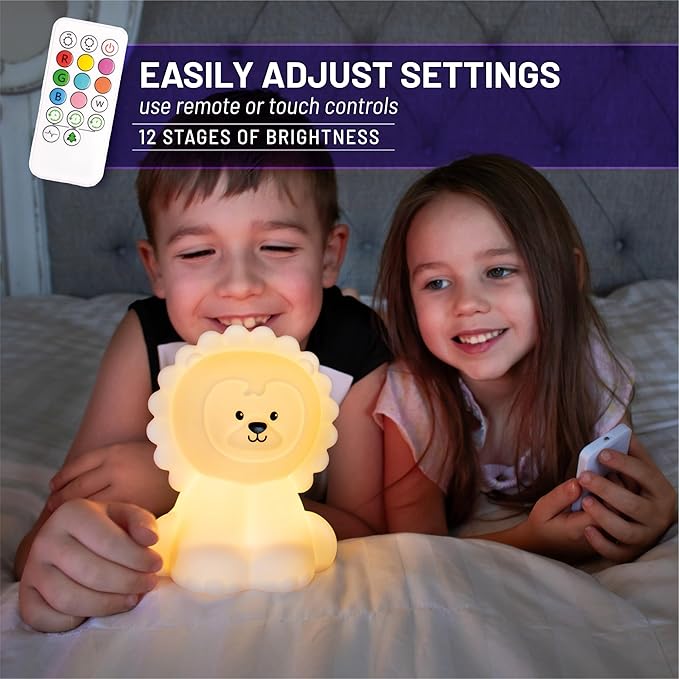 Lumipets Remote Control Silicone Night Light for Kids - Lion Design with 9 Soft Colors & Sleep Timer - Rechargeable, Battery-Operated Lamp for Bedroom | Baby Nursery, Toddler, Girls, Boys - Bloomnest