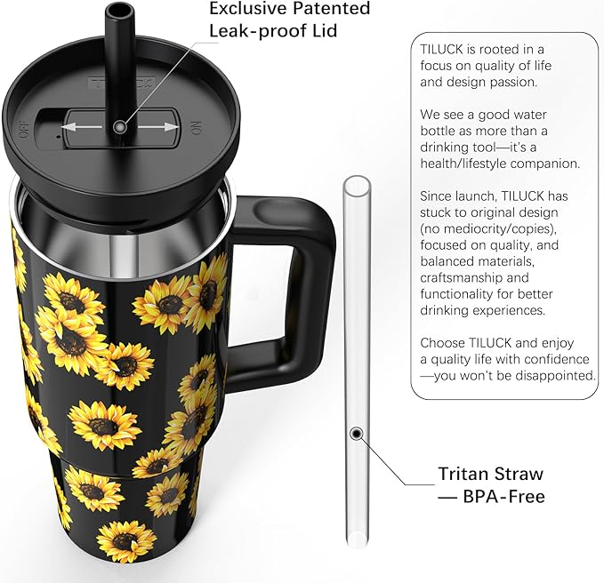 TILUCK 40 oz Tumbler with Handle, Vacuum Insulated Stainless Steel Travel Mug with 100% Leak-Proof Silicone Straw Lid, Cupholder Friendly Water Bottle(SunFlower, 40oz) - Bloomnest