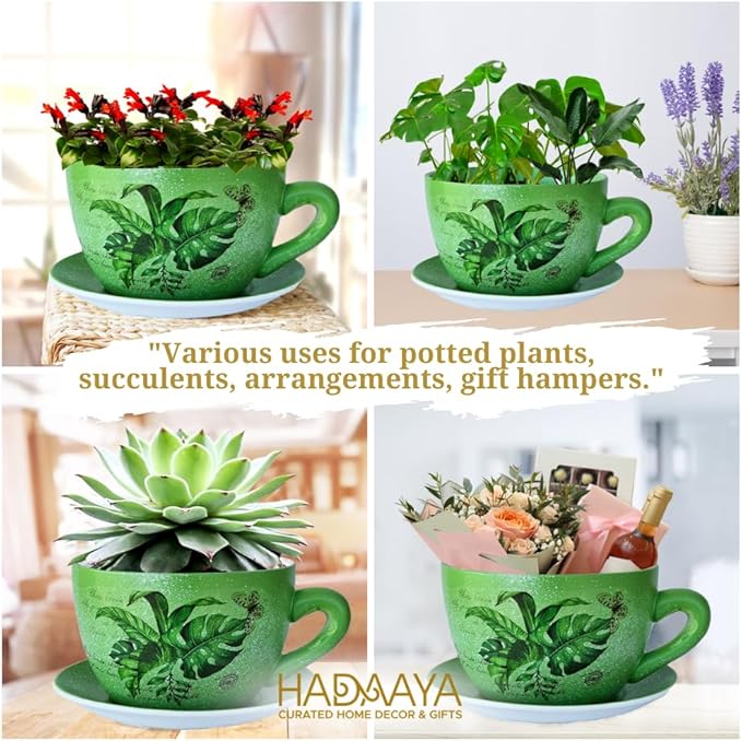 7.5" Ceramic Teacup Planter Pot with Saucer | Ideal for Succulents, Orchids, Herbs & Flowers | Indoor & Outdoor Use Green - Palm Leaves - Bloomnest