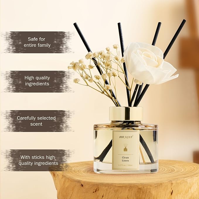 Airkeep Flower Reed Diffusers Set, 5.07 oz Clean Linen Scented Oil Diffuser with 8 Reed Sticks, Home Fragrance Diffuser Gift Set for Bathroom & Office Decor 150ml - Bloomnest
