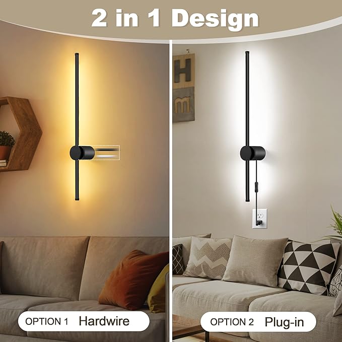Wall Sconces Set of Two with Remote, Stepless Colors 3000K-6500K & Stepless Dimming, Hardwire or Plug-in, 180° Rotate, LED Black Plug in Wall Sconces with Timer & Night Light, 23.6 Inches - Bloomnest