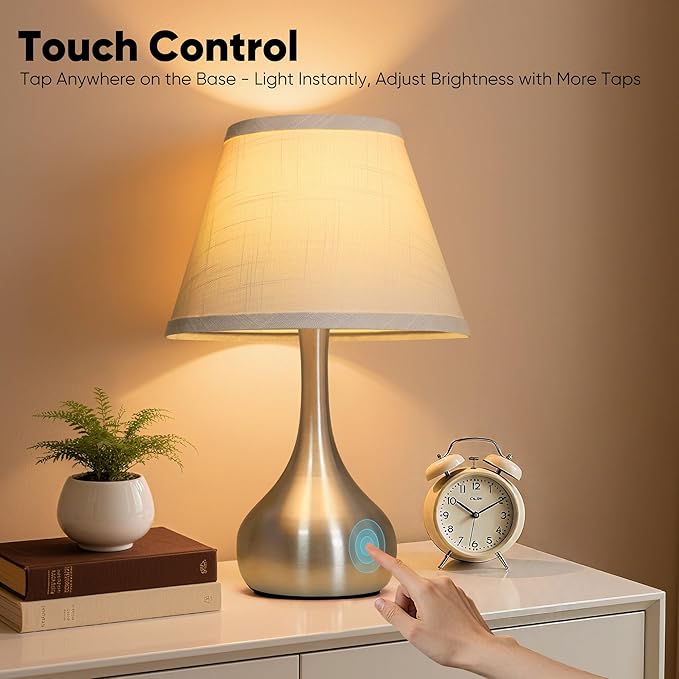 Touch Table Lamp for Bedroom Set of 2, 3-Way Dimmable Bedside Lamp for Nightstand, 17” Modern Metal Desk Lamp with Linen Shade for Living Room, Kids Reading, Dorm, Home Office Decor, Bulb Included - Bloomnest