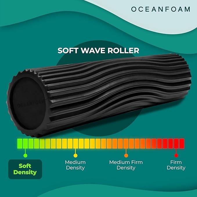 Oceanfoam Soft Tidal Roller (Black) - Low Density Foam Roller for Physical Therapy, Back Pain, Excercise & Stretching - Wave Textured - Yoga, Athletics, & Wellness - Full Size, 20" x 5" - Bloomnest