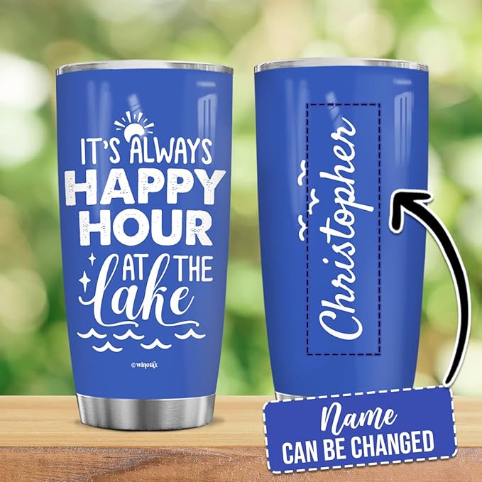 winorax Personalized Beach Tumbler It's Always Happy Hour At The Lake Tumblers Stainless Steel 20oz 30oz Travel Cups Gifts Summer Trip Holiday Beach Lovers Men Women Kids Family - Bloomnest