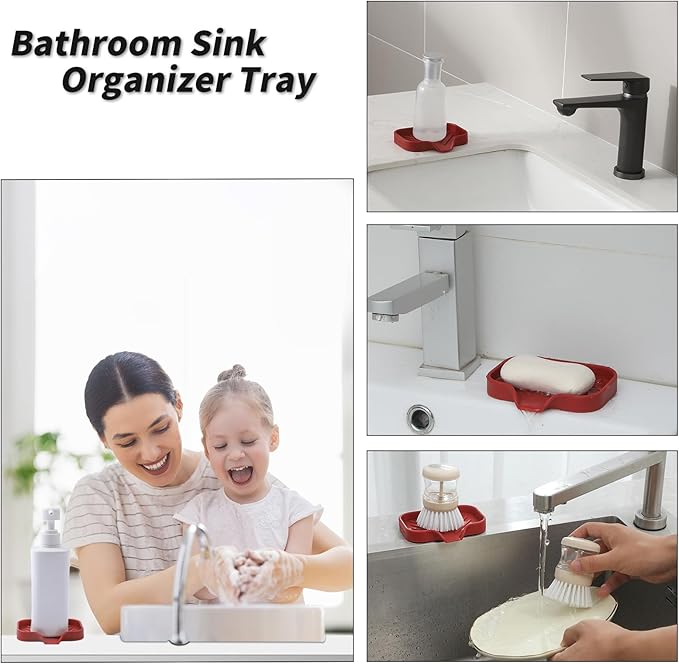 Silicone Bathroom Soap Dishes with Drain Spout-Bathroom and Kitchen Sink Organizer,Sponge Holder,Dish Soap Tray,Perfect for Dispenser,Scrubber,Bottle,Cup on Sink or Counter-Red 4.9"×3.2" - Bloomnest