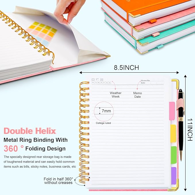 Hardcover Spiral Notebook 8.5"x11" Journal Notebook with Tabs and Removable Dividers 300 Pages 5 Subject Notebook College Ruled, Faux Leather Spiral Bound Notebook for Women School Work(Pink) - Bloomnest