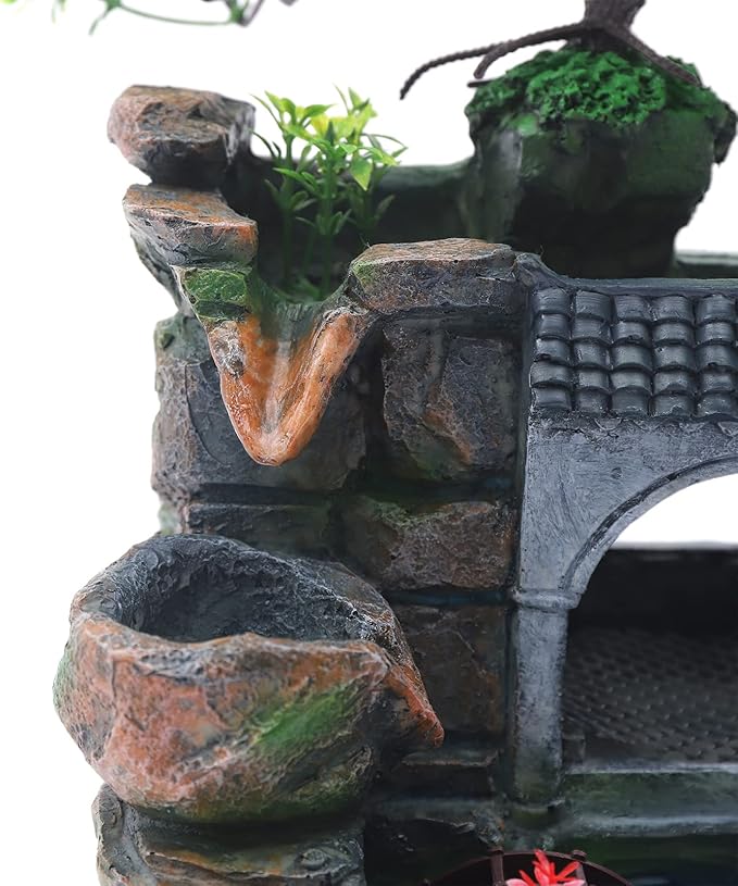 Rockery Tabletop Fountain, Chinese Feng Shui Waterfall Desktop Water Fountain Decor with LED Light, Rockery Tabletop Decoration with Windmills, Plant for Office, Home, Bedroom Desk Decoration - Bloomnest