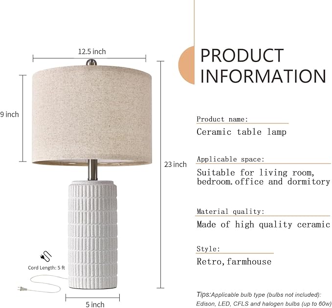 PoKat 23" Table Lamp, Farmhouse Bedside Lamps for Bedroom Set of 2, Ceramic End Table Lamps for Living Room, Traditional Nightstand Desk Lamps, Frosted White Lamps, Medium - Bloomnest