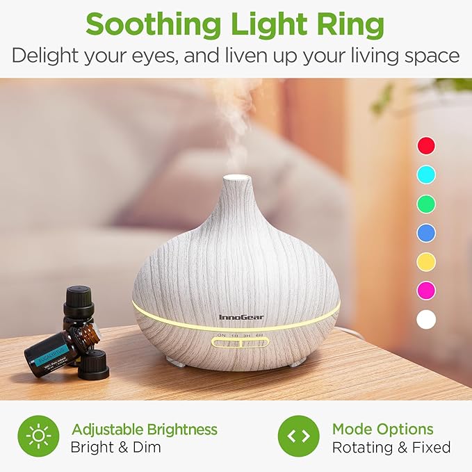 InnoGear Aromatherapy Diffuser & 10 Essential Oils Set, 400ml Diffuser Ultrasonic Diffuser Cool Mist Humidifier with 4 Timers 7 Colors Light Waterless Auto Off for Large Room Office, White Grey - Bloomnest
