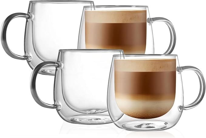 CNGLASS 16oz Double Walled Glass Coffee Mugs(4-pack),Large Clear Coffee Cups with Handle,Glass Espresso Mugs for Latte,Cappuccino,Tea - Bloomnest