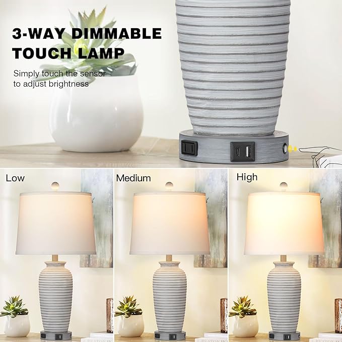 25" Farmhouse Jar Table Lamps Set of 2, 3 Way Touch Control Rustic Bedside Lamps with USB A+C Ports & AC Outlet, Pot Nightstand Lamps for Bedroom Living Room (LED Bulbs Included) - Bloomnest