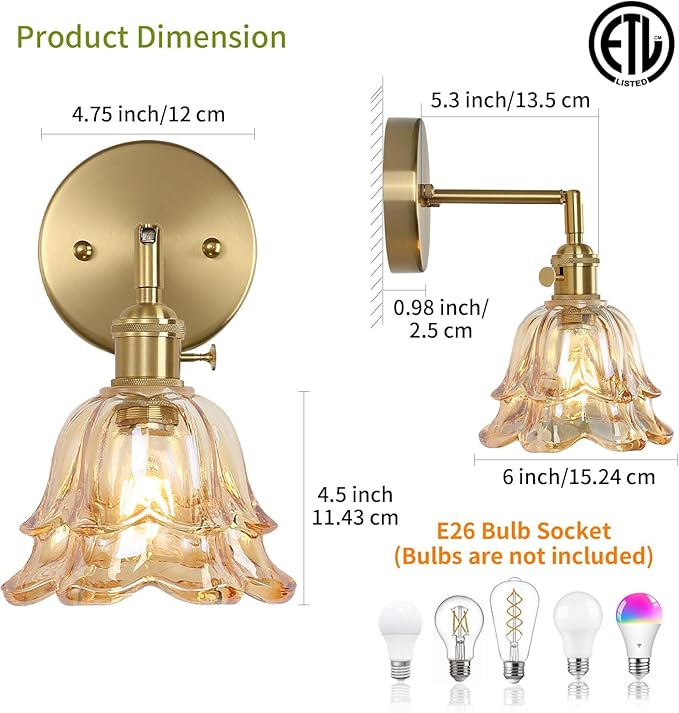 Vintage Wall Sconces Set of 2, Rose Amber Lampshade & 180 Degree Adjustable, Brass Wall Lights, for Bedroom Living Room Hallway Aisle, Bulbs Not Included, ETL Listed - Bloomnest