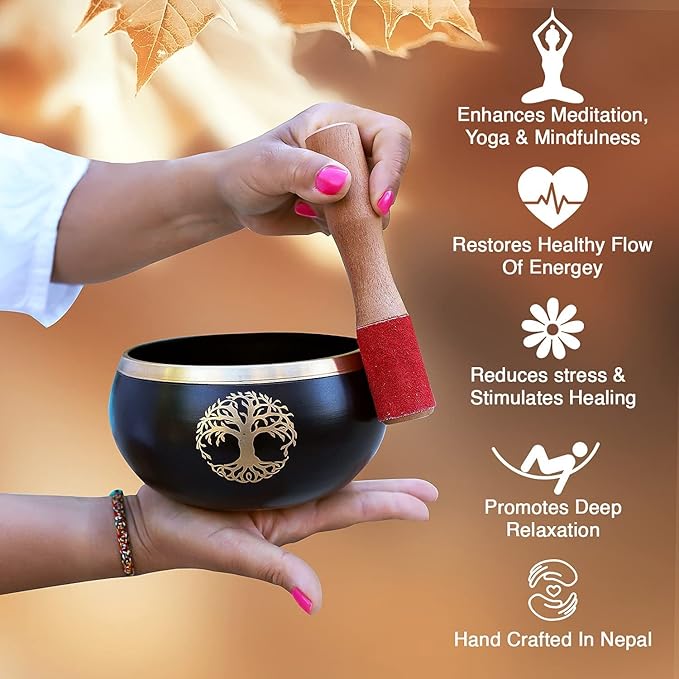 Tibetan Tree Of Life Singing Bowl Mallet Cushion Set ~ For Meditation, Yoga, Spiritual Healing and Mindfulness ~ Extra Large Black - Bloomnest