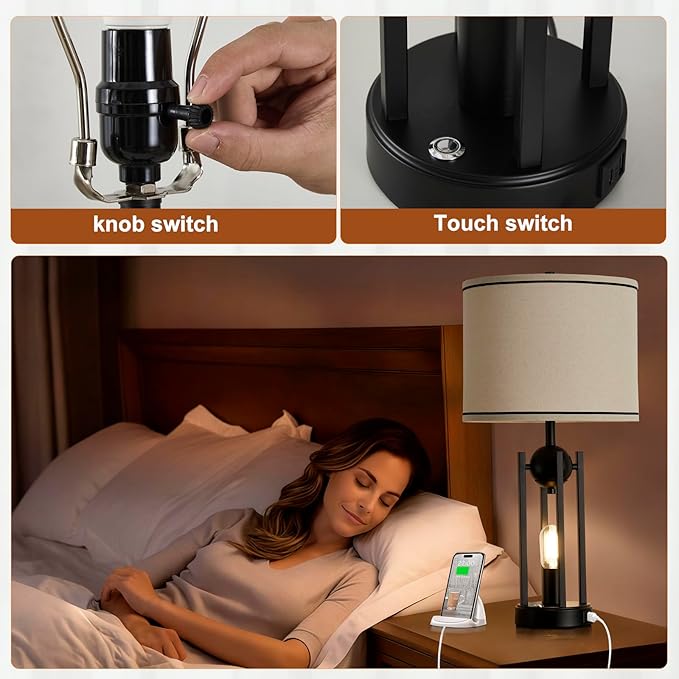 25'' Farmhouse Table Lamps for Living Room Set of 2 with USB C+A Ports, Vintage Bedside Lamp for Bedroom, Touch Lamps for Nightstand, Dual Lights Independent Switch, 4 Bulbs Included, Black - Bloomnest