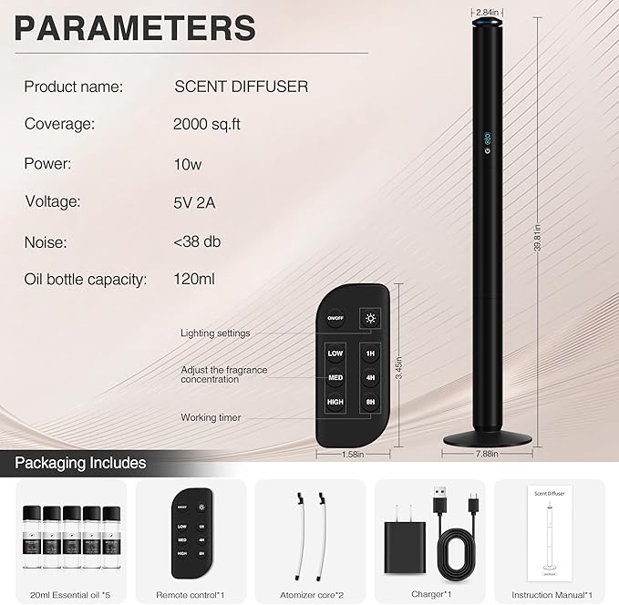 Waterless Scent Diffuser Starter Kit - 2000 Sq Ft Coverage, Luxury Hotel Scent Diffuser, Diffusers for Essential Oils Large Room, Included 5 Scent Oils, Remote Control, Black, 40In - Bloomnest