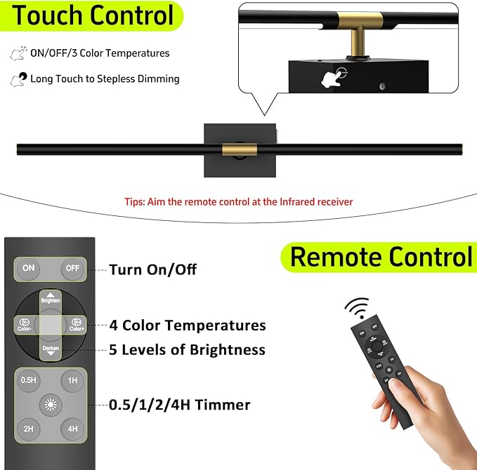 Battery Operated Wall Sconces Set of 2: 10000mAh Rechargeable Wall Lights with Remote Control, 360° Rotate Wireless Wall Scone Decor for TV/Mirror Bedroom Living Room, 31.5 Inch, Black - Bloomnest