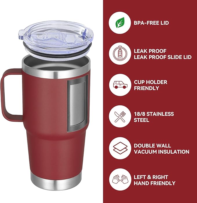VEGOND 20 oz Tumbler Bulk with Handle Lid and Straw, Stainless Steel Insulated Travel Coffee Mug Set, Spill Proof Double Wall Metal Tumblers Cups, Wine Red 6 Pack - Bloomnest