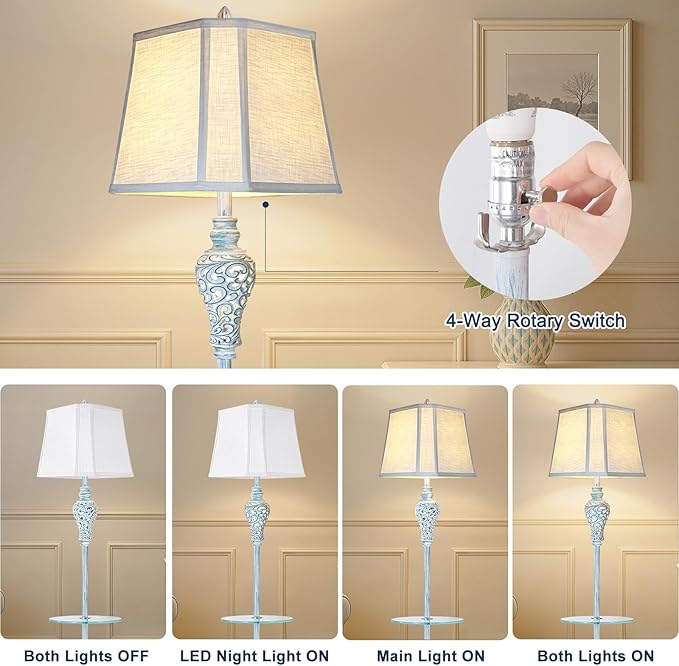 Vintage Floor Lamp with Night Light and Glass Tray, 65" High Retro Standing Lamp with Washed Blue Finish and White Linen Shade, Farmhouse Tall Lamp Decor for Living Room Bedroom House (Bulb Included) - Bloomnest