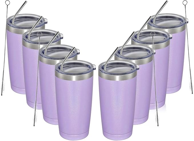 MEWAY 20oz Tumbler 8 Pack Double Wall Vacuum Insulated Travel Glitter Mug Bulk, Stainless Steel Tumblers with Lid and Straw, Powder Coated Coffee Cups for Woman(Rainbow Purple,Set of 8) - Bloomnest