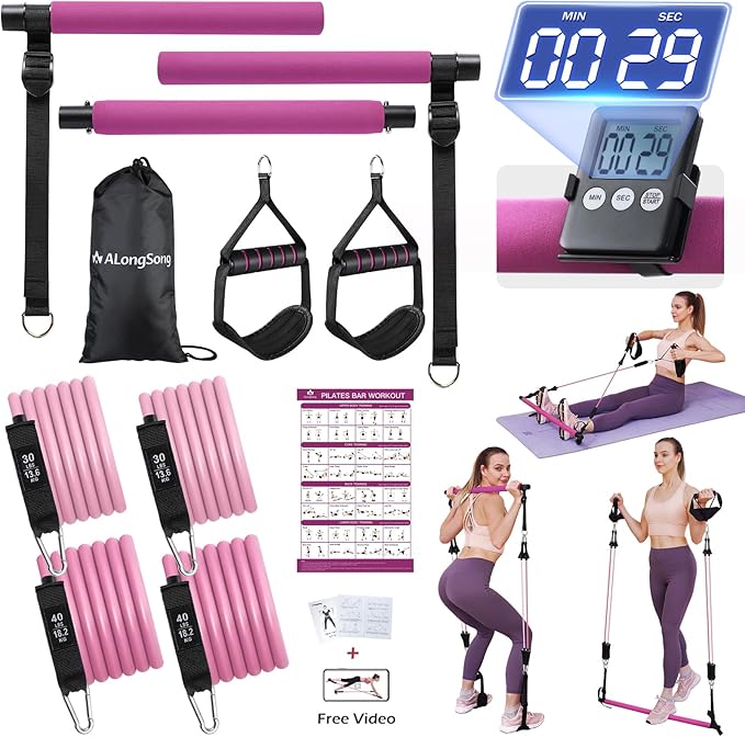 Upgraded Pilates Bar Kit with Resistance Bands Natural Latex for Women & Men, Heavy-Duty Stainless Steel Multifunctional Yoga Pilates Stick for Home Gym Exercise Fitness Equipment Full-Body Workouts - Bloomnest