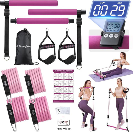 Upgraded Pilates Bar Kit with Resistance Bands Natural Latex for Women & Men, Heavy-Duty Stainless Steel Multifunctional Yoga Pilates Stick for Home Gym Exercise Fitness Equipment Full-Body Workouts - Bloomnest