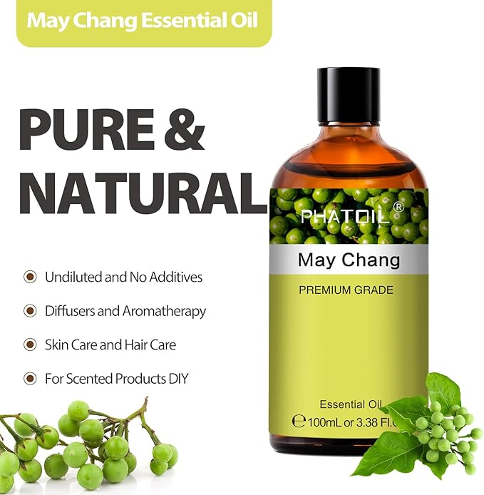 PHATOIL May Chang Essential Oil, Pure Premium Natural Oil for Hair Care, Body Skin Care, Aromatherapy, DIY Candle, Soap Making 3.38Fl Oz - Bloomnest