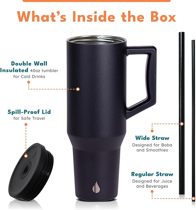 Elemental 40 oz Tumbler with Handle and Straw - Spill Proof Insulated Stainless Steel Commuter for Hot and Cold Beverages - Travel Coffee Mug with 2 Straws & Spill Proof Lid - 40oz - Black - Bloomnest