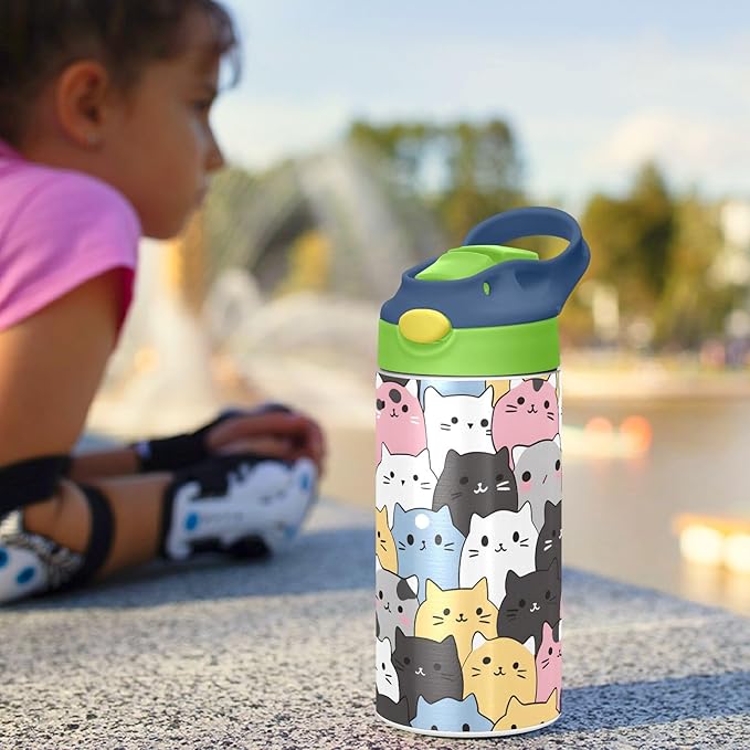 Cats Cute Animal Kids Water Bottle with Straw Lid Insulated Tumbler with Handle Stainless Steel Reusable Toddlers Cup for Kids Boys 12 oz - Bloomnest